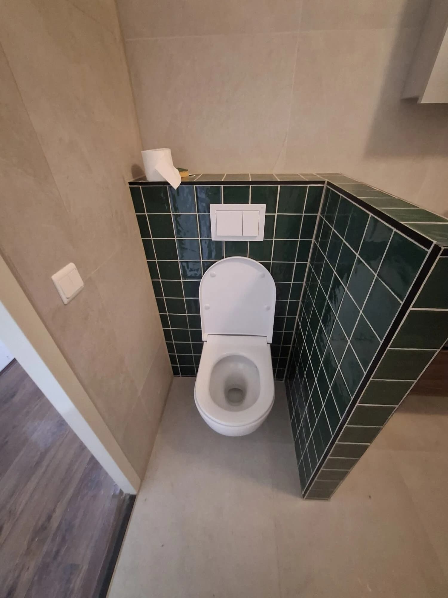 Hangend toilet met groene tegels