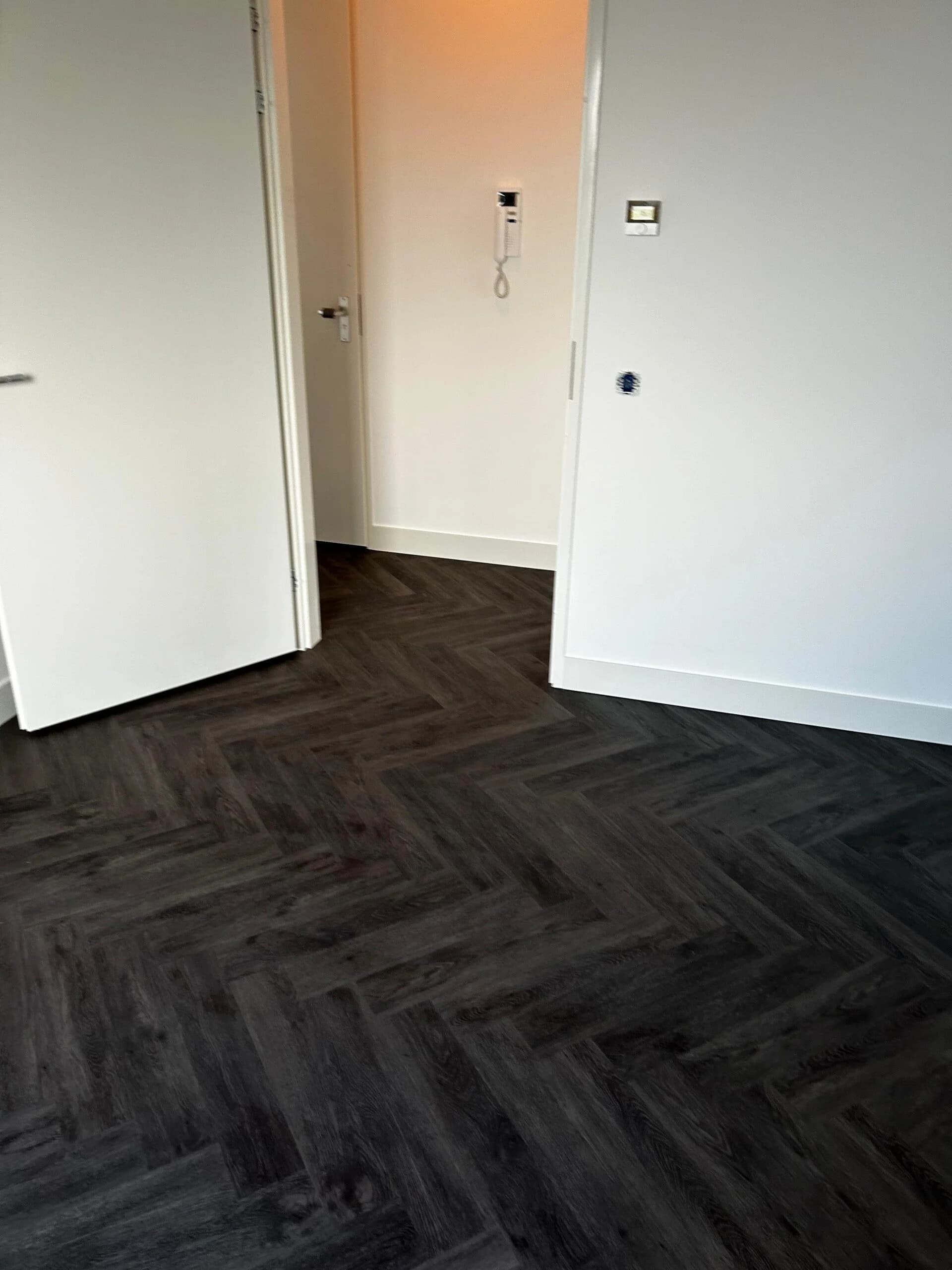 Antraciet visgraat PVC vloer in hal met deuren